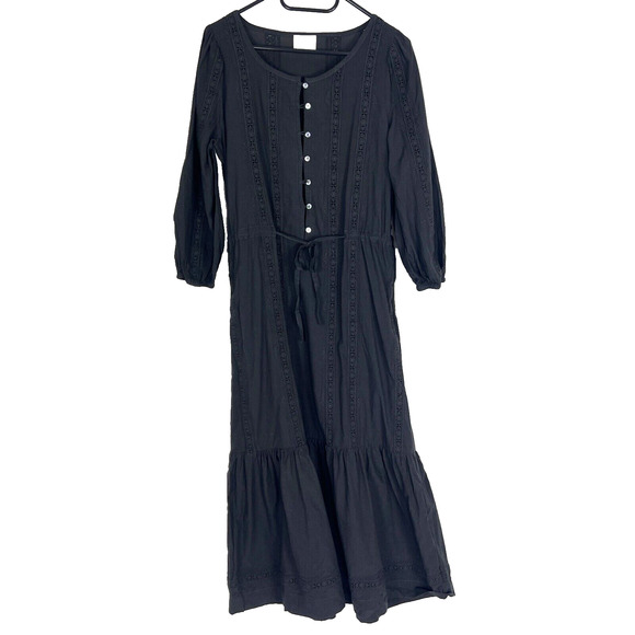 WRAP London US 4 Black Cotton Waist Tie Lace Trim Scoop Neck Mermaid Midi Dress - Picture 1 of 12